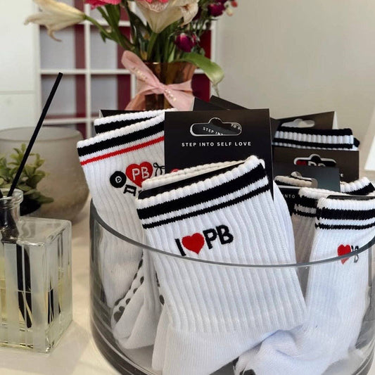 I LOVE PB White Grip Socks