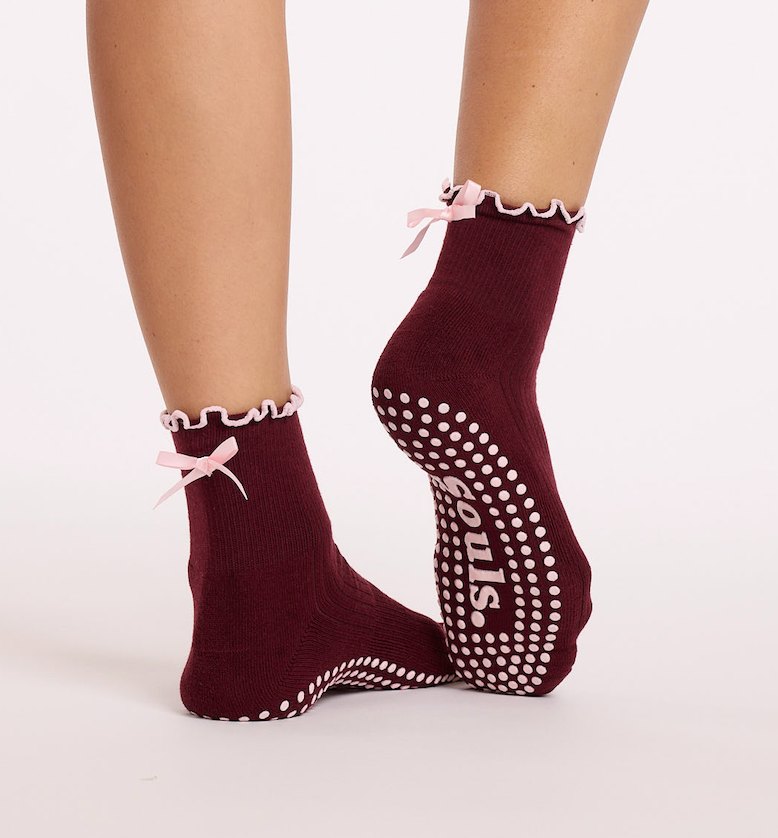 Burgundy Bow Grip Socks