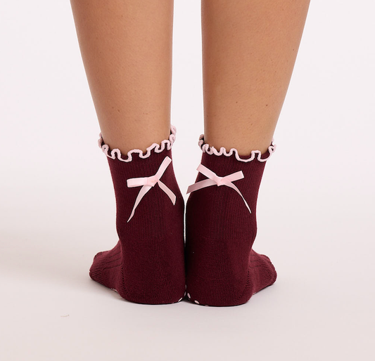 Burgundy Bow Grip Socks
