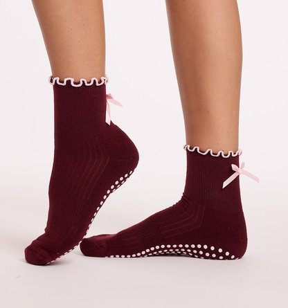 Burgundy Bow Grip Socks