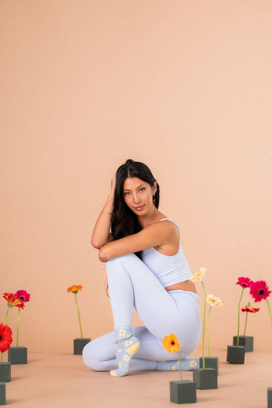 Happy Buttercup Foldover Ruffle Crew Grip Socks
